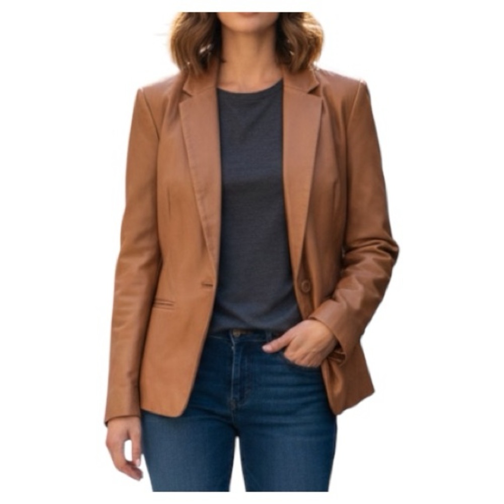 Chico’s Caramel Colored Women’s Faux Leather Single Button Blazer - Size 2 Large